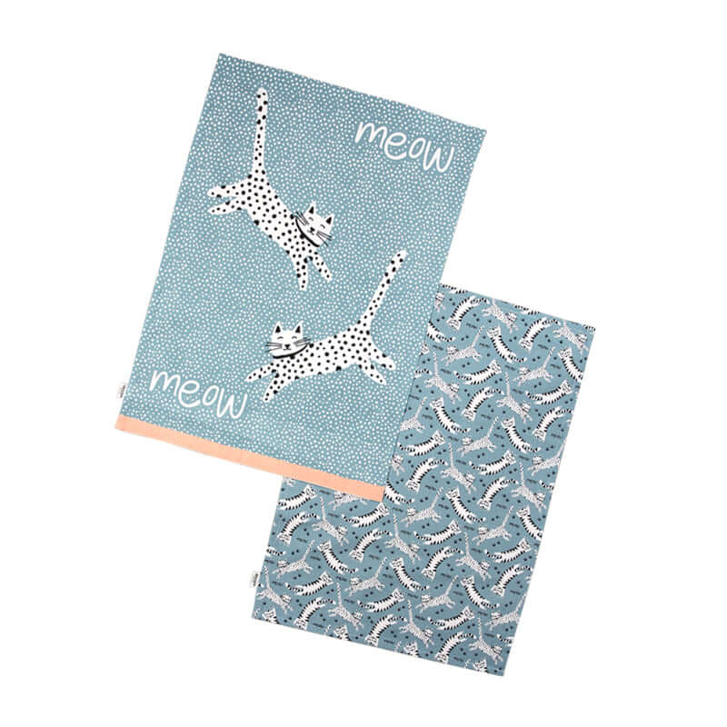 Dexam - Set of 2 "Meow" Recycled Cotton Cats Tea Towels featuring playful cat designs in blue and peach colors.
