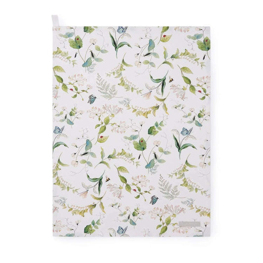 Sophie Allport Wild Floral tea towel featuring honeysuckle, butterflies, and green leaves with a handy hanging loop.
